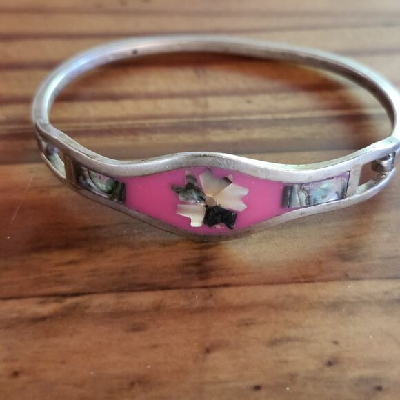 5 Vtg Taxco Mexico Sterling Silver Mother of Pearl Inlay Hinged Cuff Bracelet - Picture 7 of 15